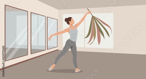 Elegant ballerina gracefully dances with stylized foliage in tranquil studio
