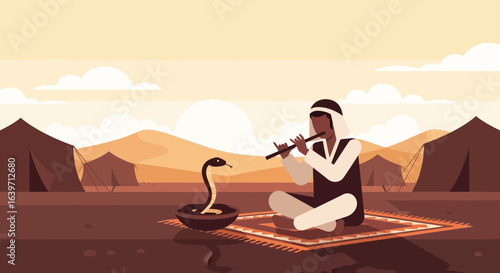 Enchanting Snake Charmer in a Desert Oasis Playing Flute, Minimalist Design