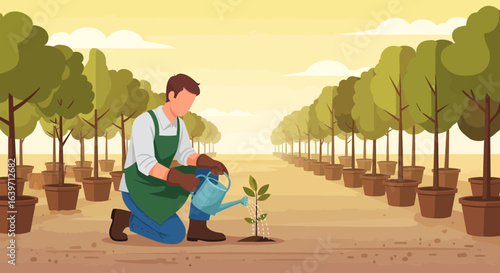 Dedicated gardener watering sapling in tree nursery for sustainable future