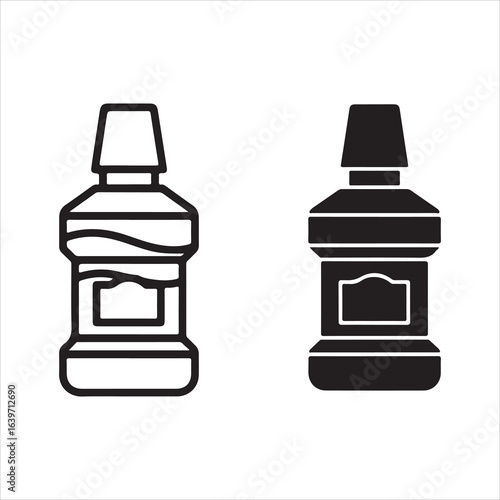 Two icons representing mouthwash bottles in outline and silhouette styles