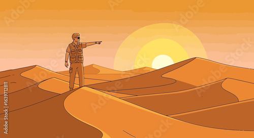 Explorer Indicating Direction across Sandy Dunes at Sunset illustration scene