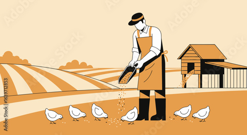 Farmer feeding chickens in a rural setting with an agricultural landscape