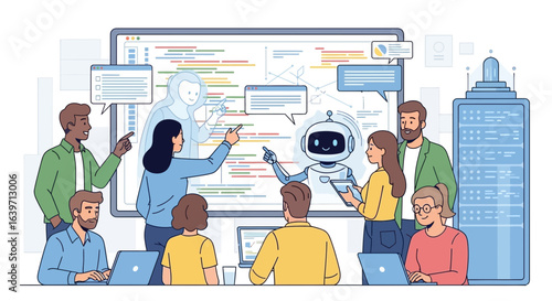 Diverse team collaborating with ai on code development for server infrastructure