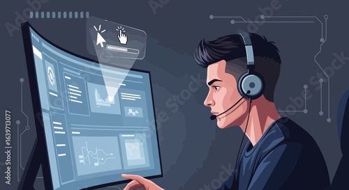 Focused young man wearing headset using a modern curved monitor setup