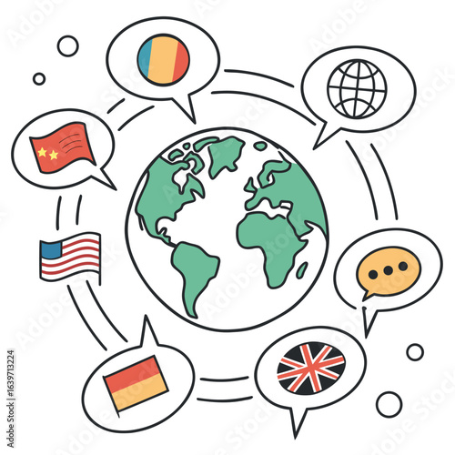 Global communication and language learning concept with flags and speech bubbles surrounding planet earth