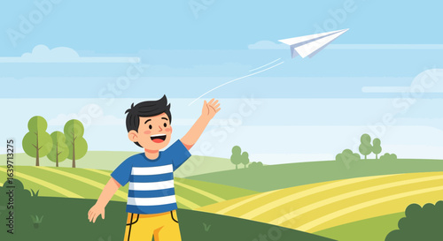 Enthusiastic boy sending a paper airplane with glee into the sky