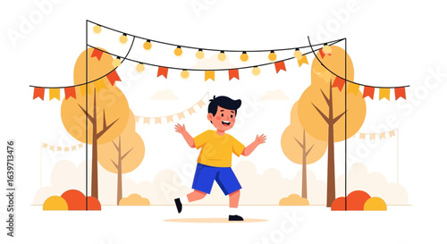 Festive autumnal celebration scene with a boy running in the park vector