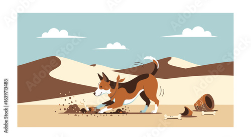 Happy dog playfully digging in the sand near an ancient clay pot