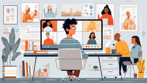 Office workers attending online meeting via video conference and discussing marketing strategy