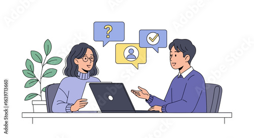 Illustrated vector of two people discussing online with laptop and speech bubble