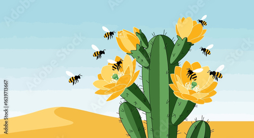 Illustration featuring blooming cactus and bees gathering nectar in desert scene