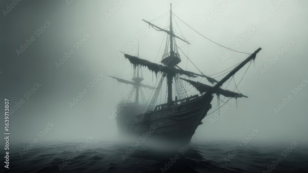 Fototapeta premium Fog-shrouded pirate ship