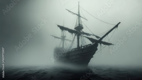 Fog-shrouded pirate ship