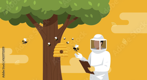 Illustration of beekeeper inspecting beehive in tree with flying bees