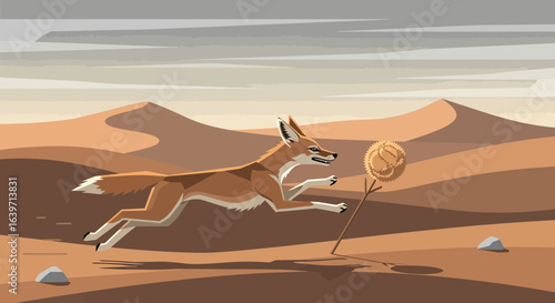 Geometric jackal racing across sandy dunes pursuing a tumbleweed vector scene