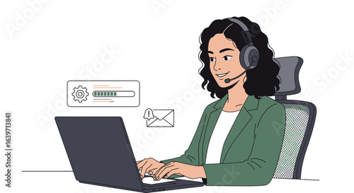 Illustration of a professional woman in a headset working on a laptop
