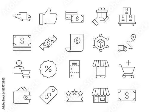 Shopping icon set. Containing store, purchase, store, online shopping, delivery, promotion, shopping cart and more