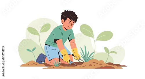 Illustrative Gardener Young Boy Working In the Garden Planting Seedling