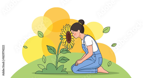Illustration of a woman smelling a sunflower on a summer day happiness