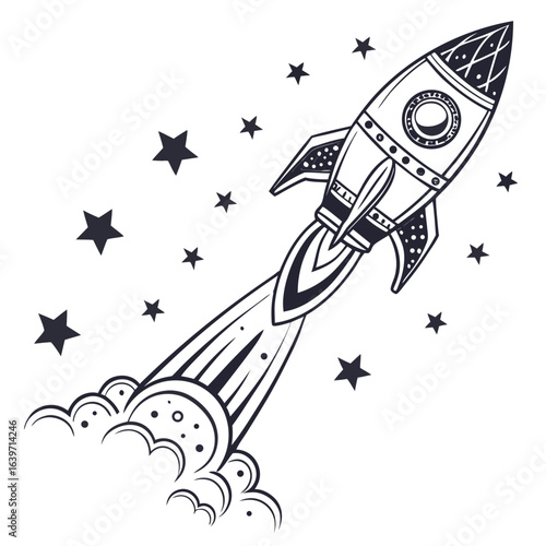 Stylized black and white illustration of a retro rocket ship blasting off into a starry sky with smoke trails