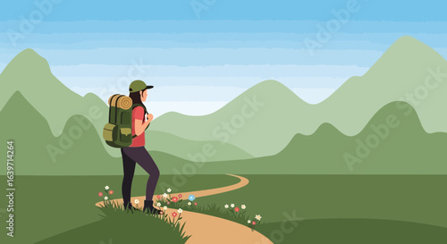 Illustration of female hiker on mountain trail, adventure and nature scenery