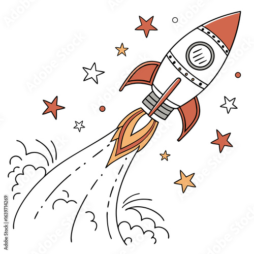 Whimsical cartoon rocket ship blasting off into a starry sky with fiery exhaust and stylized clouds