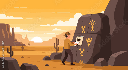 Illustrative archaeologist deciphering petroglyphs in arid desert landscape