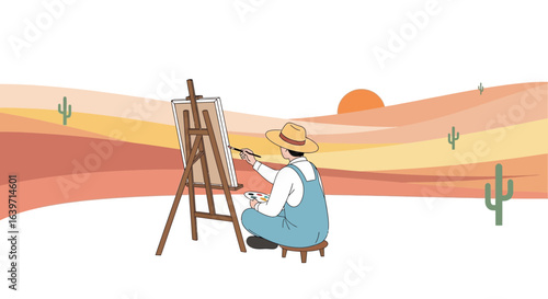 Illustrative scene depicting an artist painting in a stylized desert landscape