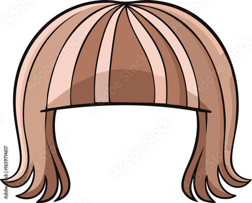 A cartoon illustration of a short, brown bob haircut with light brown highlights, styled in straight, blunt layers.