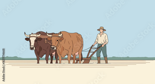 Illustrative scene portraying the ancient practice of plowing with oxen and farmer