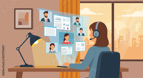 Illustrative Woman Engaging in a Virtual Meeting from Her Home Office