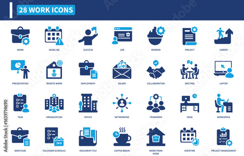 Work icon set. Containing briefcase, calendar, presentation, handshake, office building, and teamwork icons. Flat icon collection.