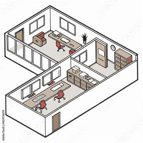 Isometric view of a modern office space with two workstations a reception area and a filing cabinet