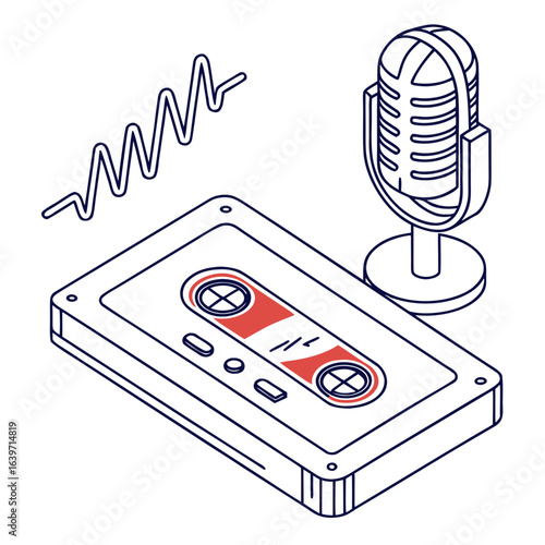 Retro audio cassette tape and vintage microphone with sound wave graphic representing audio recording and broadcasting