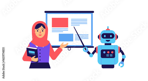 Modern educational concept, inclusive diverse teacher explains lesson robot assists