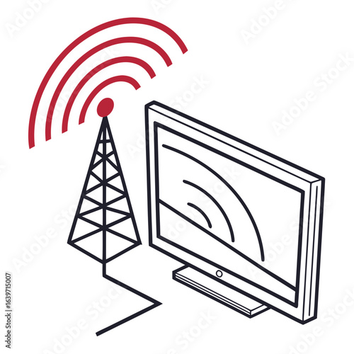 Illustration of a transmission tower sending wireless signals to a modern flat screen television display