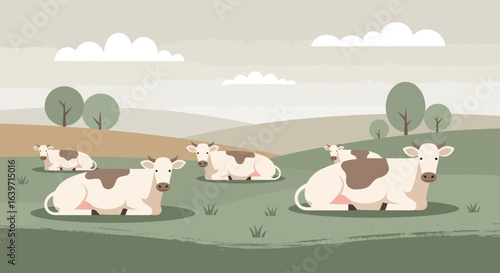 Pastoral tranquility with resting cows in a serene landscape illustration