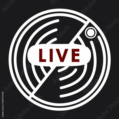 Modern abstract graphic design featuring the word live prominently displayed within a circular emblem representing broadcast or transmission signals