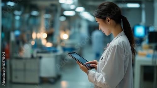 A dedicated professional reviews data on a tablet in a modern lab setting showcasing concentration and technological integration