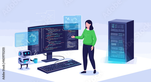 Modern data center and software development workspace with female coder