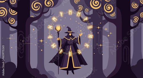Mystical wizard in dark forest with glowing runes and fantasy elements