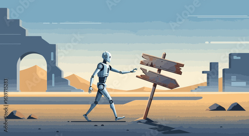 Robot's journey through a dystopian landscape toward directional signage
