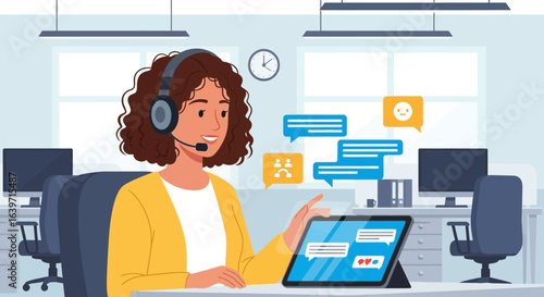 Professional woman delivering customer support with technology and communication