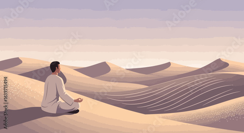 Serene meditation in expansive desert landscape under a muted sky