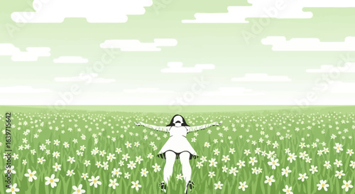 Silhouette of a serene girl in a daisy field under a calming sky