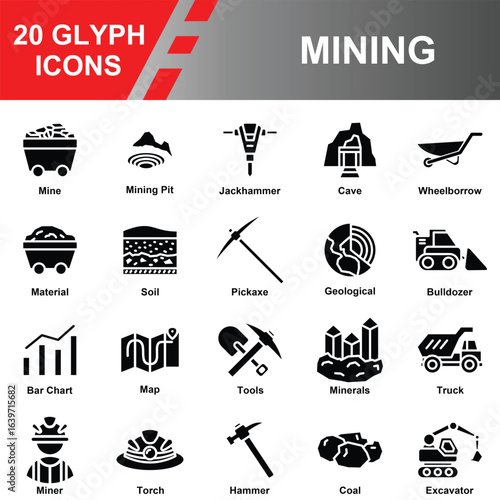 20 Glyph Mining Icons – Solid Style Tools, Equipment, and Industry Symbols for Mineral Extraction and Construction Design