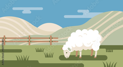 Stylized sheep grazing peacefully in a tranquil pasture landscape illustration