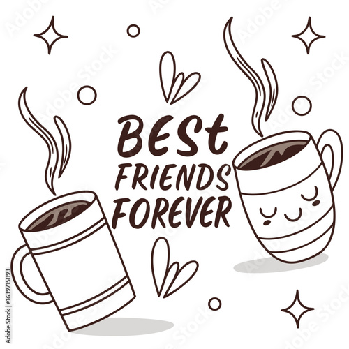 Two cute coffee mugs with steam and the text best friends forever surrounded by hearts and stars