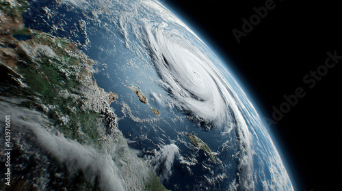 Dramatic hurricane formation viewed from space, showcasing swirling clouds over the ocean.
