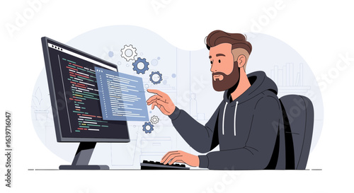 Software developer working on code, vector illustration featuring coder